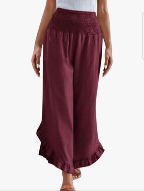 Linen Wide-Leg Ruffle Hem Pants